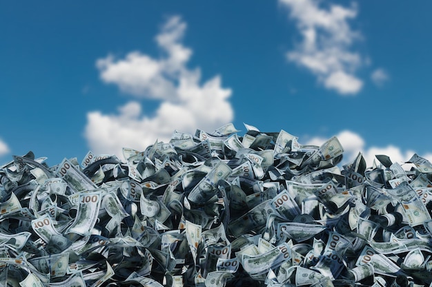 Mountain pile of dollars on white background very many paper bills Concept of winning