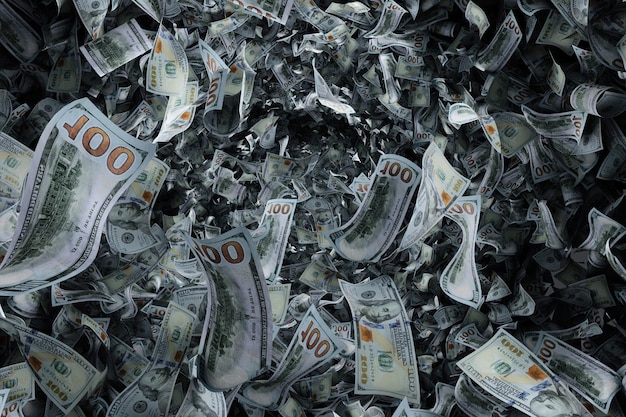 Mountain pile of dollars on white background very many paper bills Concept of winning