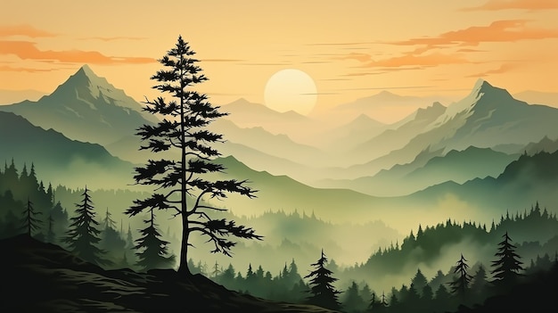 Photo mountain pines silhouette of coniferous tree with a mountain panorama