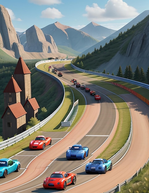 Горная гоночная дорога с гоночными автомобилями Изображение Ai