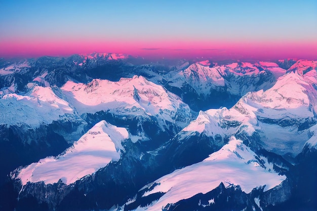 Mountain rang with snow covered peak aerial view colorful vibrant sky over rock summit ribs fantasti