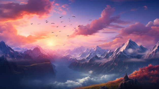 ピンクの空と沈む太陽の背景にある山脈 ジェネレーティブ・アイ