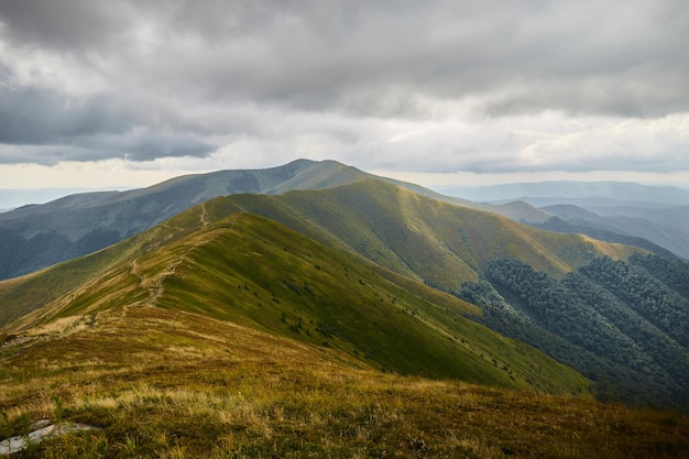 Mountain range Carpathian Mountains Ukraine Walking and hiking trails in Borzhava ridge Rural area of carpathian mountains in autumn