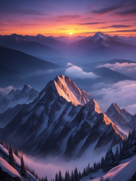 Photo mountain range in the clouds beautiful natural landscape