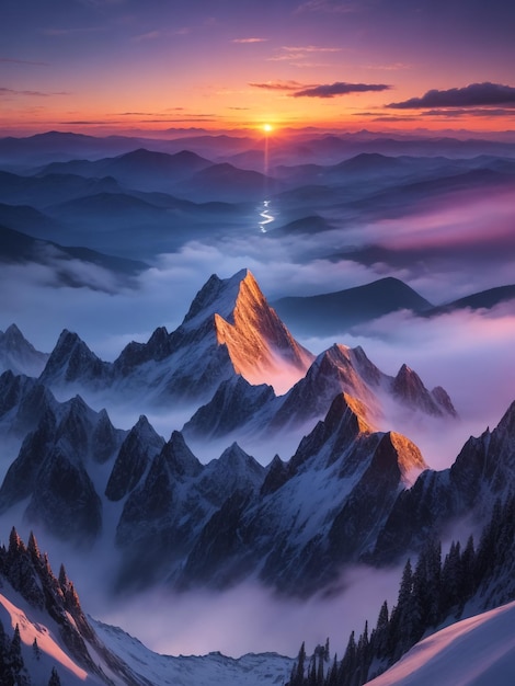 Mountain range in the clouds beautiful natural landscape