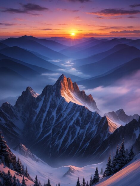 Mountain range in the clouds beautiful natural landscape