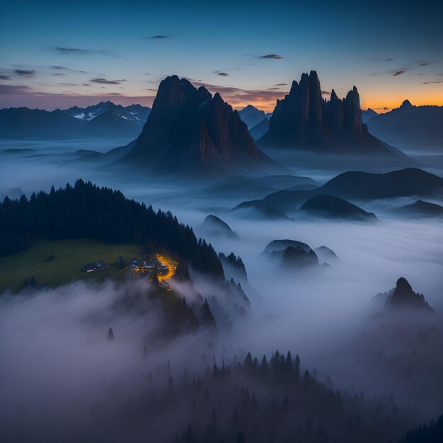 Photo a mountain range covered in fog at sunset