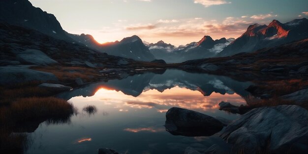 Mountain range at dusk with the sunset sky reflecting on mountain lake ai generated