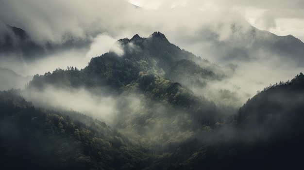 A mountain range in the fog