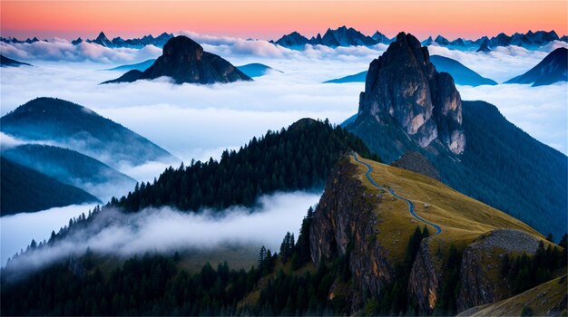 A mountain range is covered in clouds and the sun is setting.