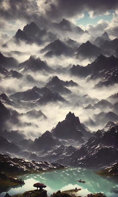 A mountain range is covered in clouds and the words " the mountain range "