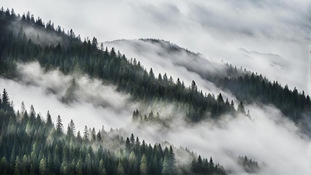 Mountain range is covered in fog