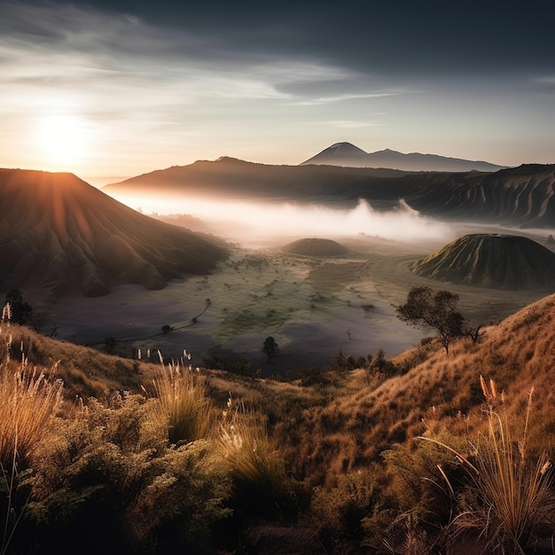 A mountain range is covered in grass and the sun is setting.