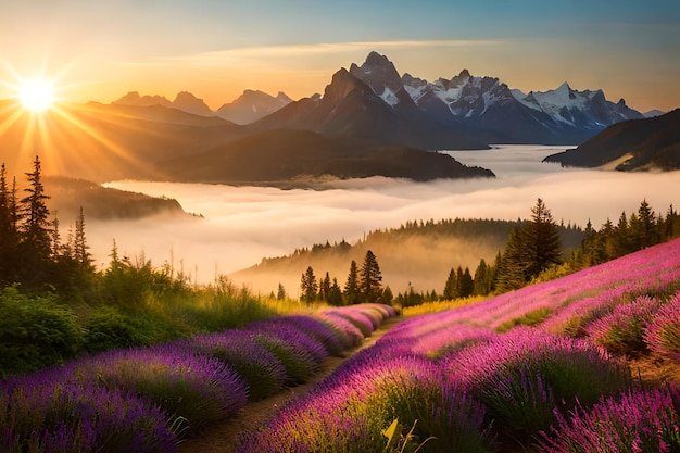 A mountain range is covered in lavender in the foreground.