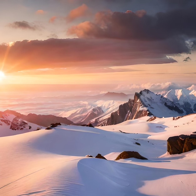 A mountain range is covered in snow and the sun is setting.