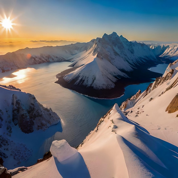 A mountain range is covered in snow and the sun is shining.