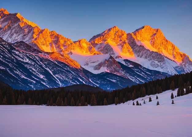 A mountain range is covered in snow with the sun shining on the mountains.