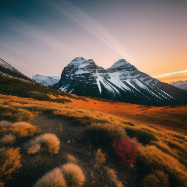 A mountain range is lit up by the setting sun.