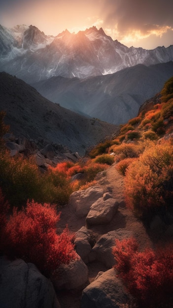 A mountain range is lit up by the sun with a colorful sky and clouds.