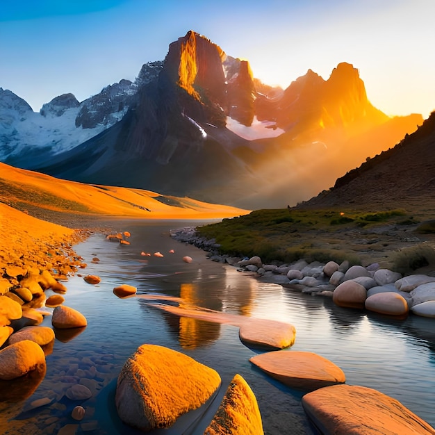 A mountain range is lit up by the sun with a mountain in the background.