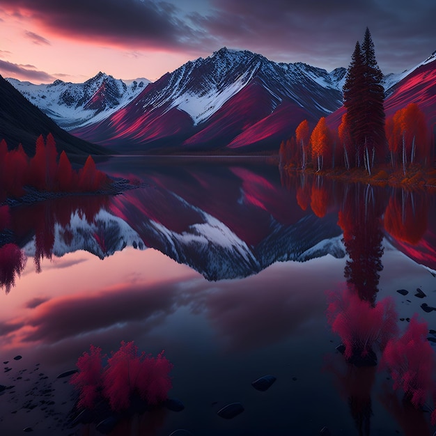 a mountain range is reflected in a lake having a pink sky