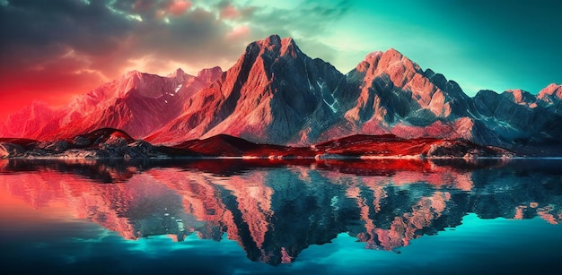 A mountain range is reflected in a lake and ocean