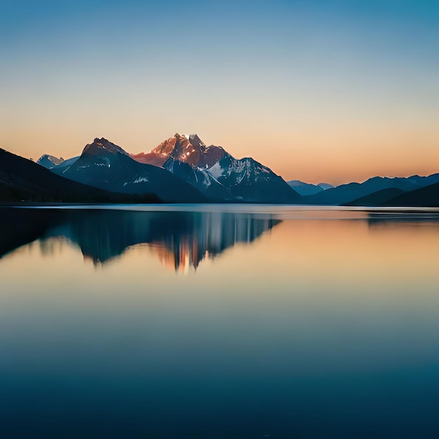 A mountain range is reflected in a lake with a blue sky and the sun is setting.
