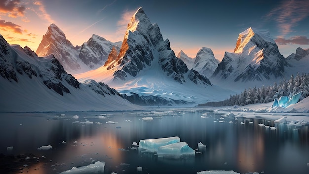 A mountain range is reflected in a lake with a blue sky and the sun is setting