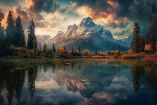 A mountain range is reflected in a lake with a cloudy sky.