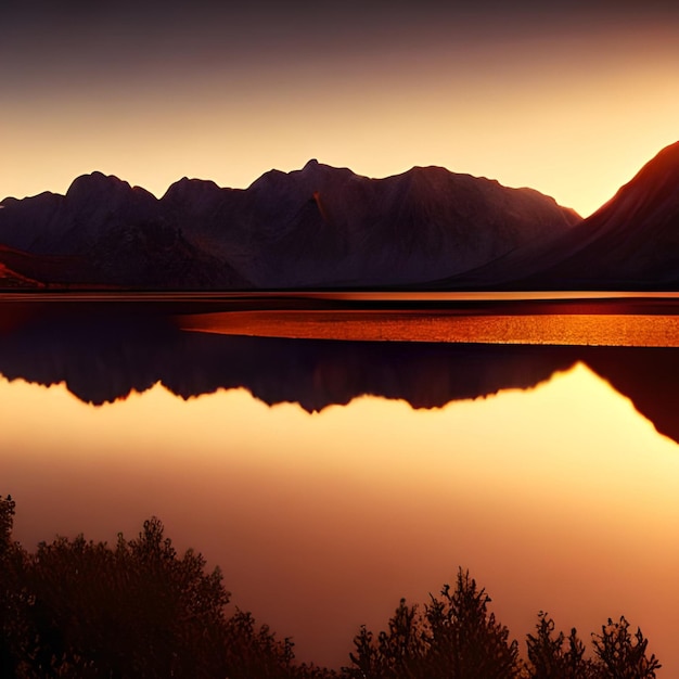 A mountain range is reflected in a lake with a sunset sky in the background.