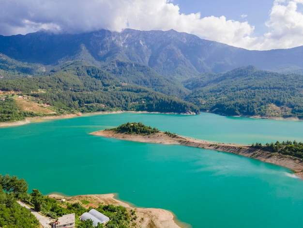 A mountain range is seen in the distance