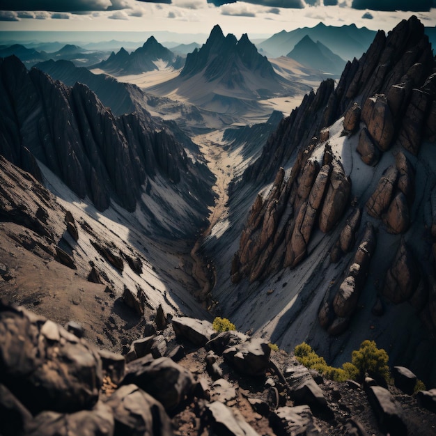 A mountain range is shown with a cloudy sky in the background.