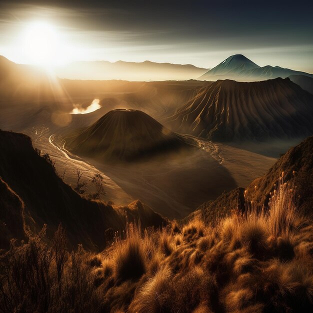 A mountain range is shown with the sun shining on it.