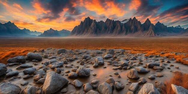 A mountain range is shown with a sunset in the background.