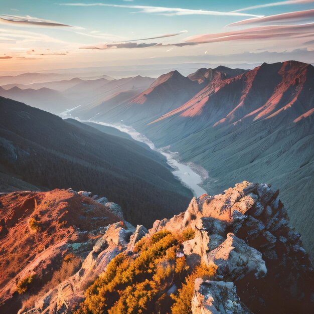 A mountain range is shown with a view of the valley below.