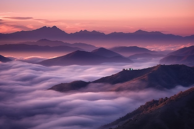 A mountain range is surrounded by clouds and the sky is lit up by the setting sun.