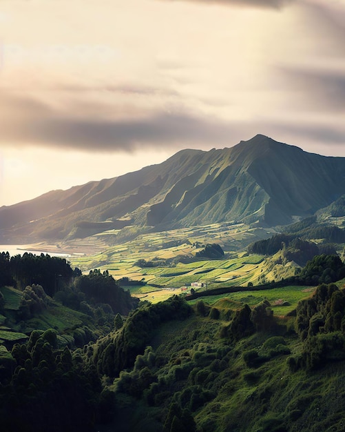 Photo a mountain range is surrounded by green hills and the sun is shining.