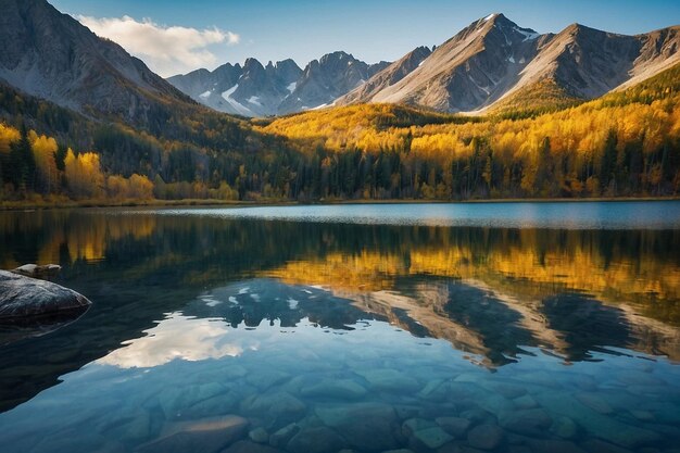 Mountain range reflected in clear lake