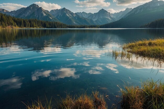 Mountain range reflected in clear lake