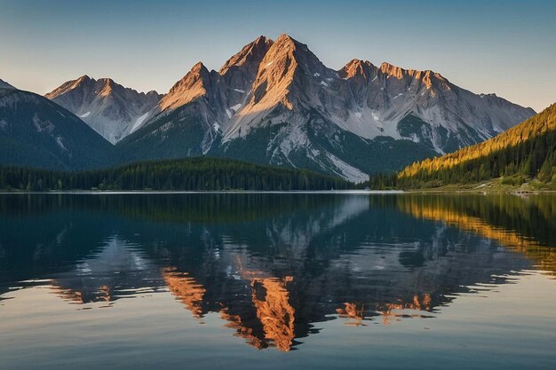 Mountain range reflected in clear lake