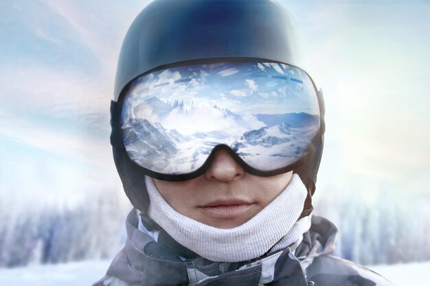 A mountain range reflected in the ski mask Winter SportsWearing ski glasses