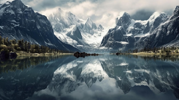 A mountain range reflecting in a perfectly mirrored