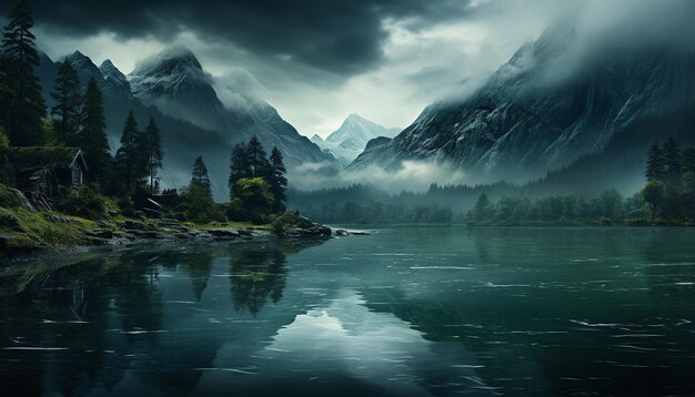 Photo mountain range reflects in tranquil water creating a majestic landscape generated by artificial intelligence