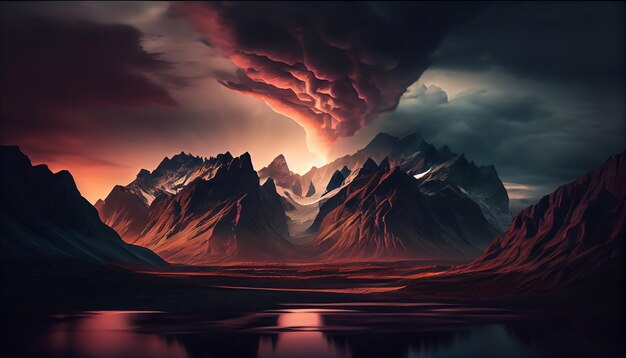 A mountain range at sunset with clouds surrounding the peaks creating a dramatic and moody effect Generative AI Illustration
