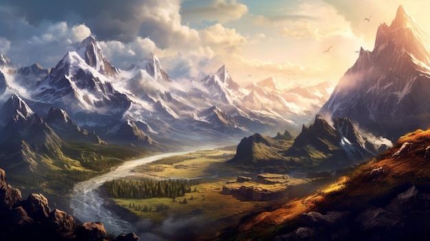 A mountain range towering over a vast valley