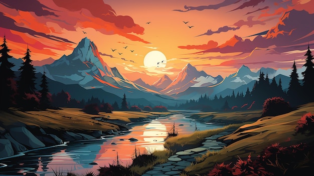 Mountain range vector flat landscape with lake and forest