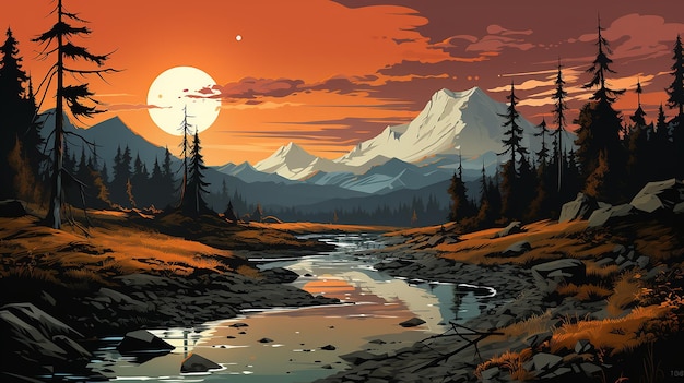 Mountain range vector flat landscape with lake and forest