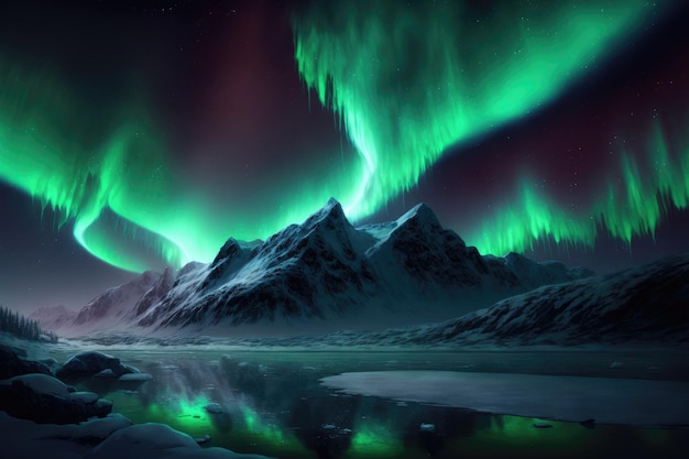 A mountain range with the aurora borealis above it