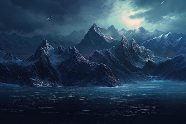 A mountain range with a blue iceberg in the foreground.