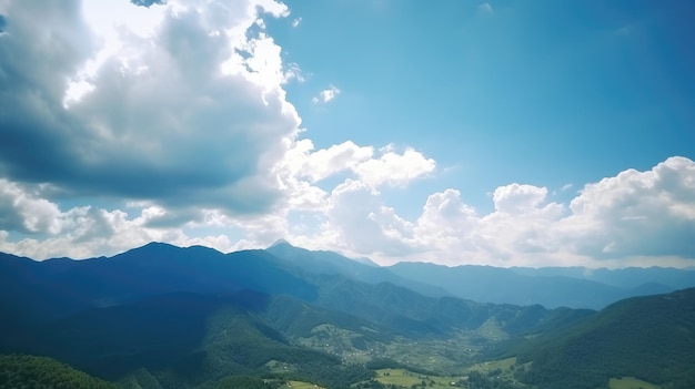 A mountain range with a blue sky and clouds